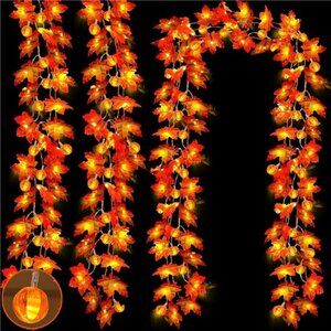 30Ft Fall Garland Fall Decorations for Home 60 LED Leafed Pumpkin Lights